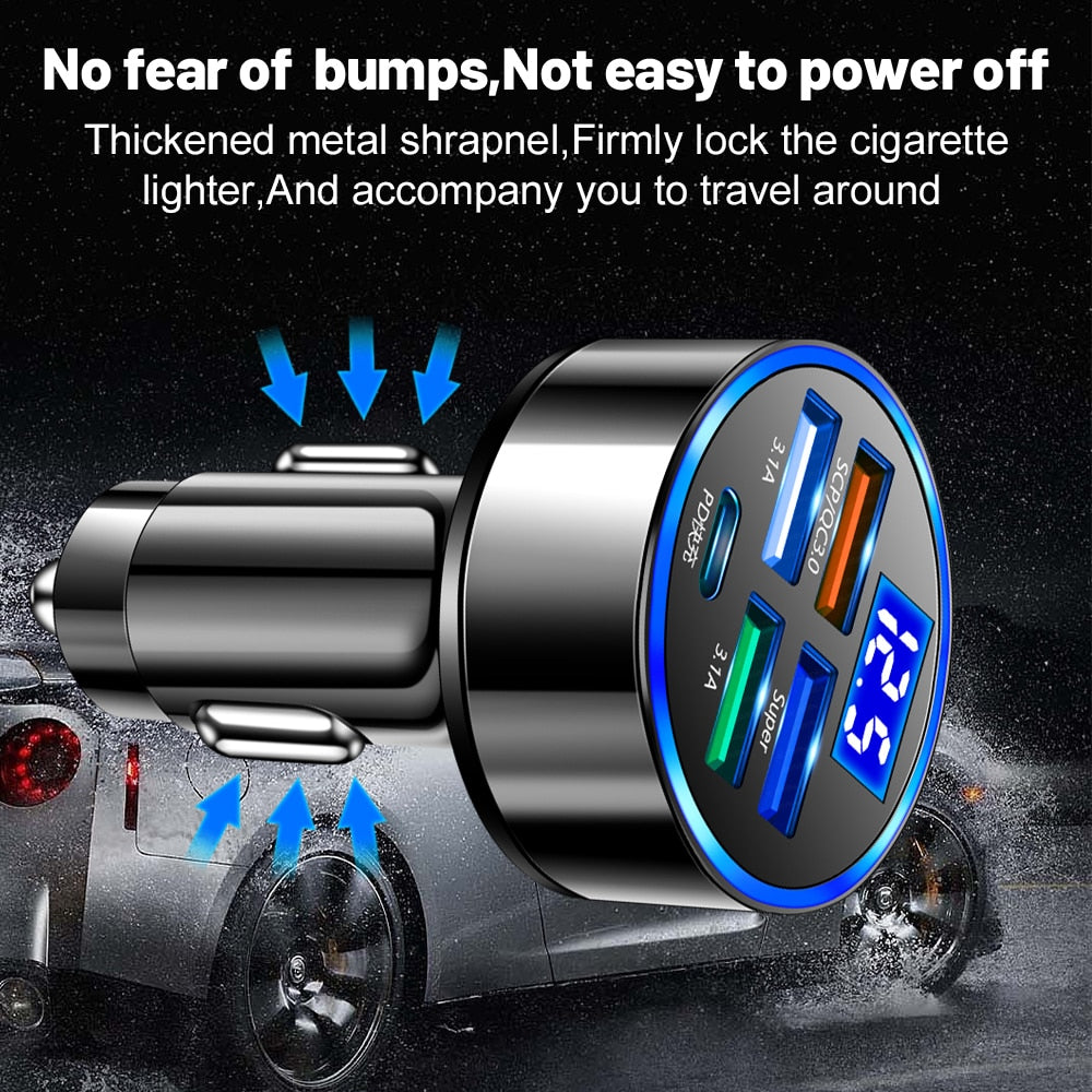 250W LED Car Charger 5 Ports Fast Charge PD QC3.0 USB C Car Phone