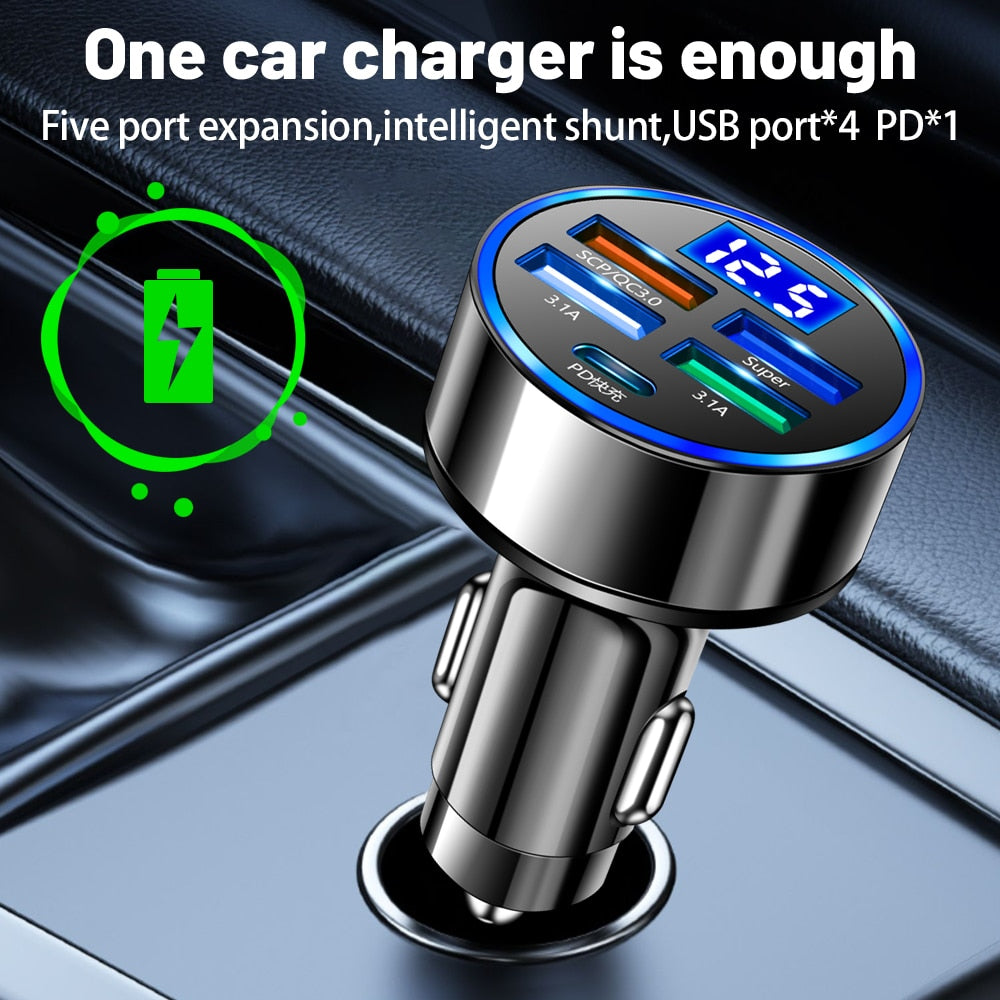 250W LED Car Charger 5 Ports Fast Charge PD QC3.0 USB C Car Phone