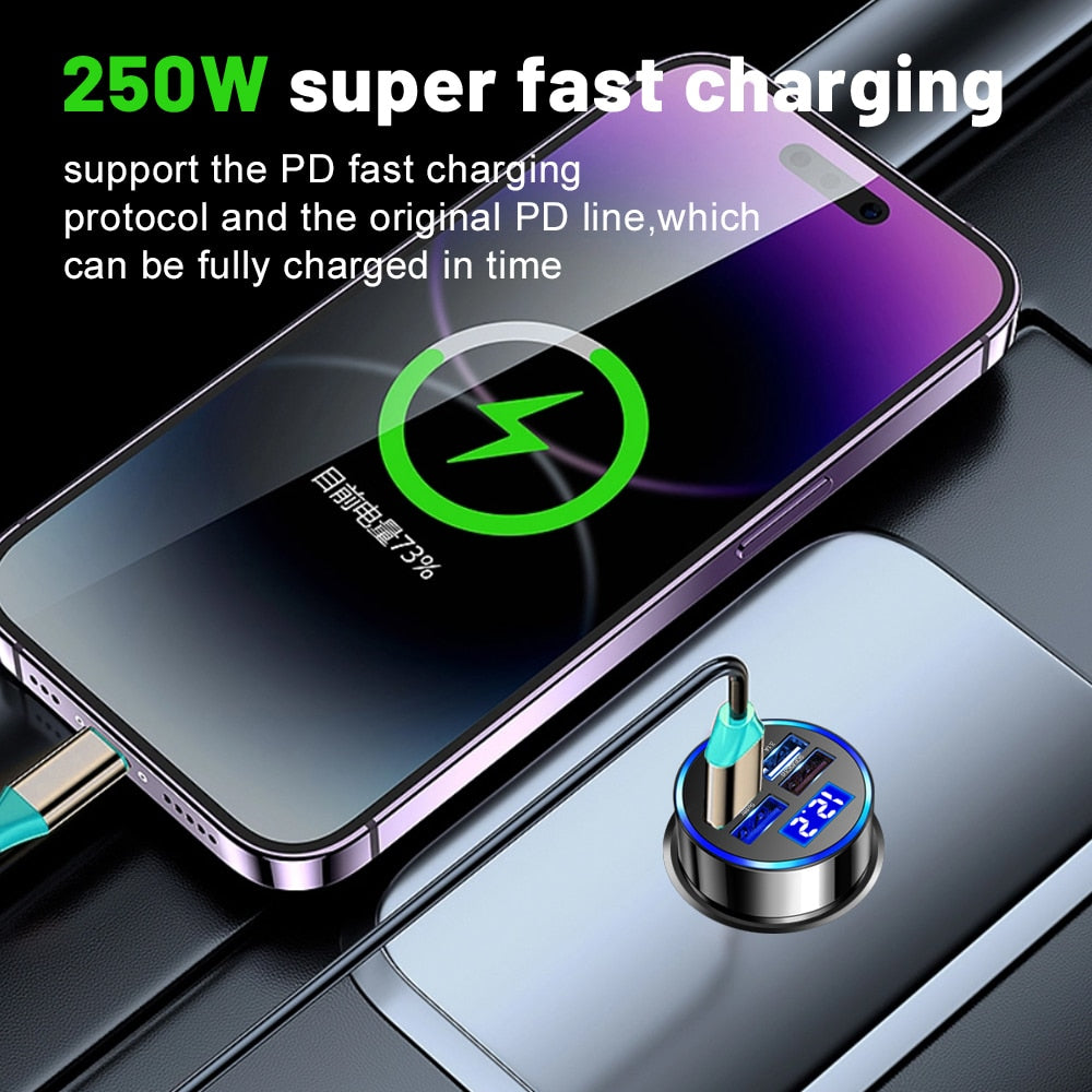 250W LED Car Charger 5 Ports Fast Charge PD QC3.0 USB C Car Phone