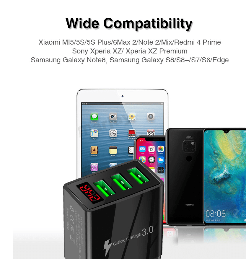 3 port LED Display Wall Charger and 3 in 1 Cable Bundle Gold