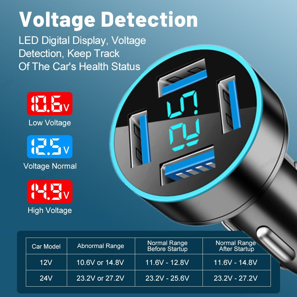 4.8A 4 Ports USB Car Charger Digital Display Fast Charging Phone Car