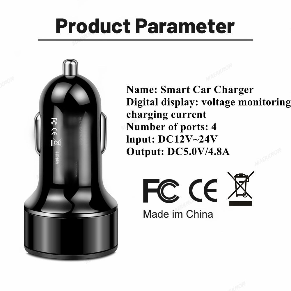 4.8A 4 Ports USB Car Charger Digital Display Fast Charging Phone Car