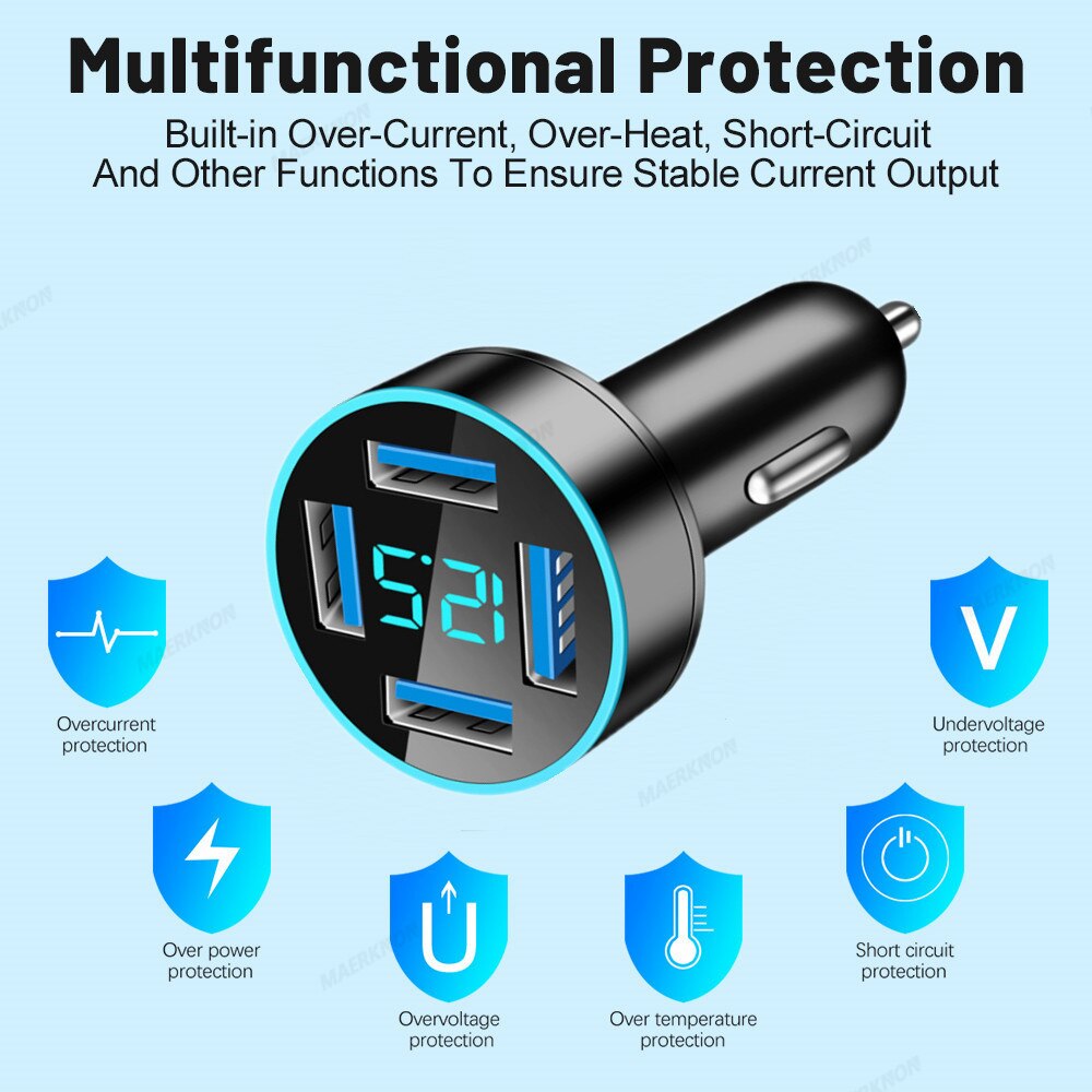 4.8A 4 Ports USB Car Charger Digital Display Fast Charging Phone Car