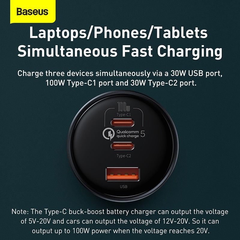 Baseus 160W Car Charger QC 5.0 Fast Charging For iPhone 13 12 Pro