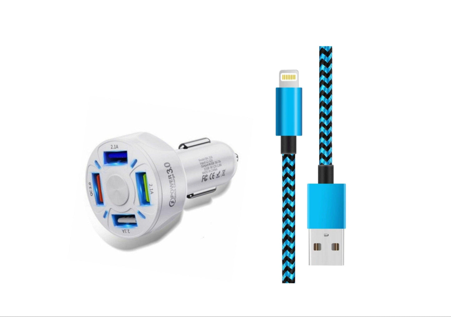 4 Port LED Car Charger and Iphone Cable Bundle