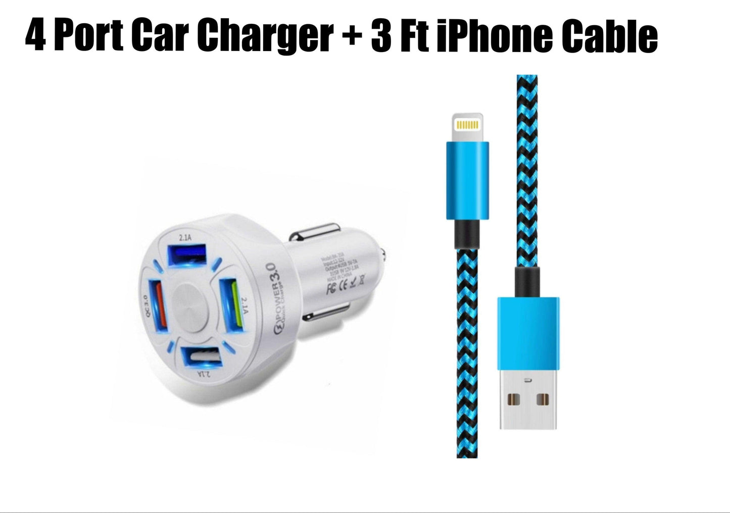 4 Port LED Car Charger and Iphone Cable Bundle