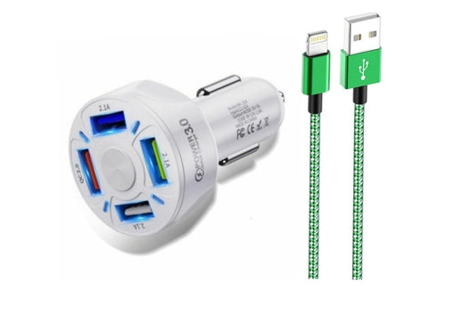 PBG 4 Port LED Car Charger and 6FT Charger Compatible for Iphone Cable