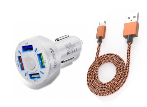 PBG 4 Port LED Car Charger and 10FT Orange Nylon Cable Combo