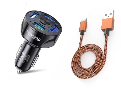 PBG 4 Port LED Car Charger and 10FT Orange Nylon Cable Combo
