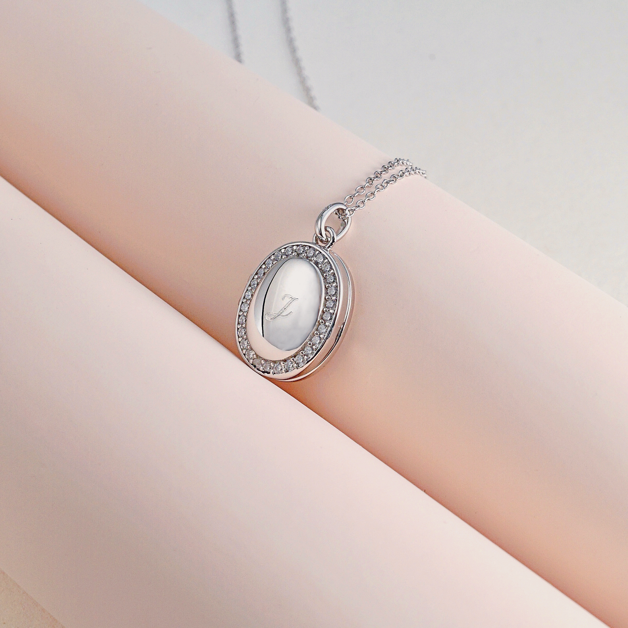 Silver CZ Oval Locket Necklace