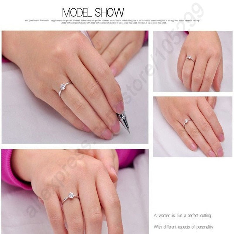 Elegant Classic Real 925 Sterling Silver Finger Rings Jewelry Crystal