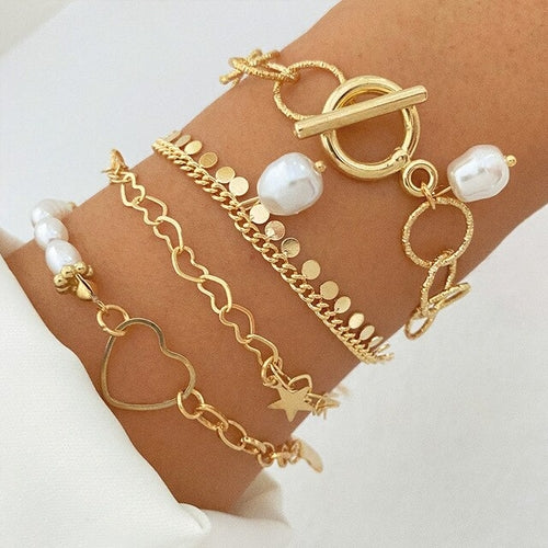 Fashion Punk Curb Cuban Chain Bracelets Set Boho Thick Gold Color