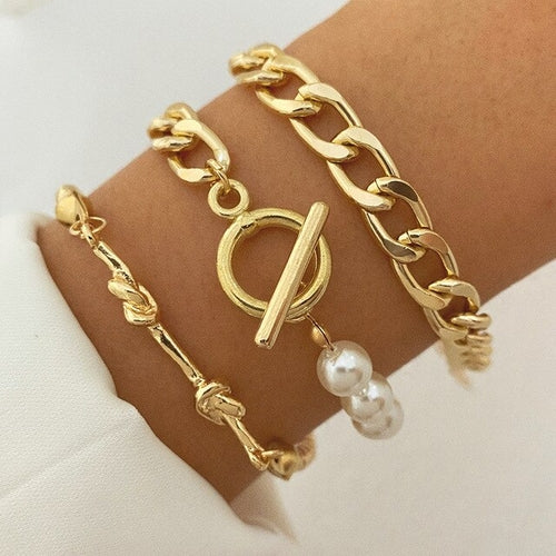 Fashion Punk Curb Cuban Chain Bracelets Set Boho Thick Gold Color