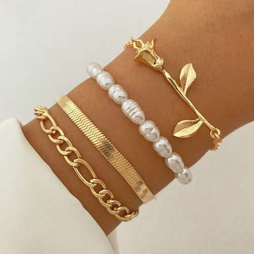 Fashion Punk Curb Cuban Chain Bracelets Set Boho Thick Gold Color
