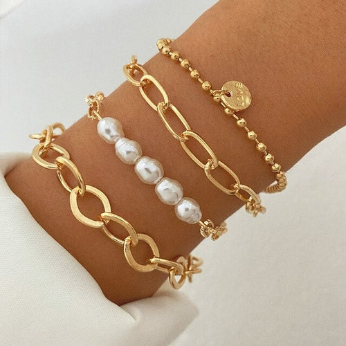 Fashion Punk Curb Cuban Chain Bracelets Set Boho Thick Gold Color