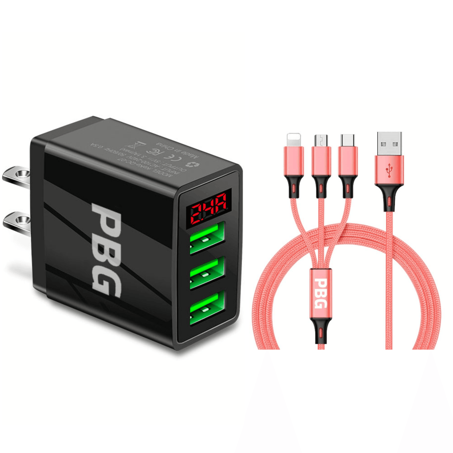 3 port LED Display Wall Charger and 3 in 1 Cable Bundle Gold