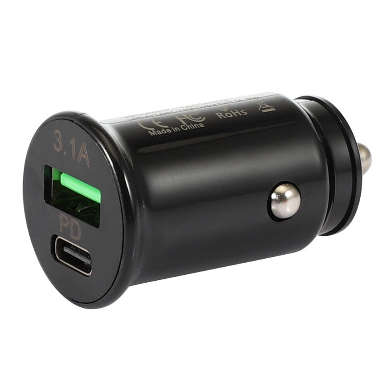 Qc3.0 Car Charger Fast Charging White Black Dual Port Mini Car Phone