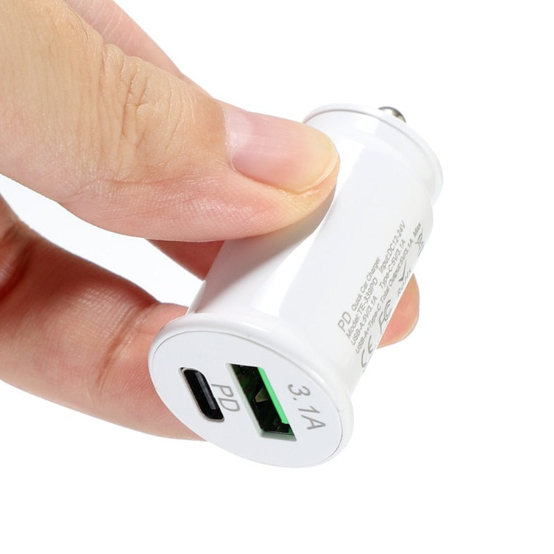 Qc3.0 Car Charger Fast Charging White Black Dual Port Mini Car Phone