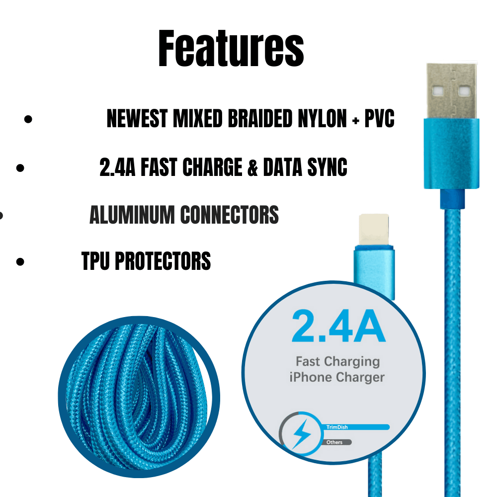 PBG 10FT XL Charger Compatible for Iphone Cable Nylon Woven Zebra