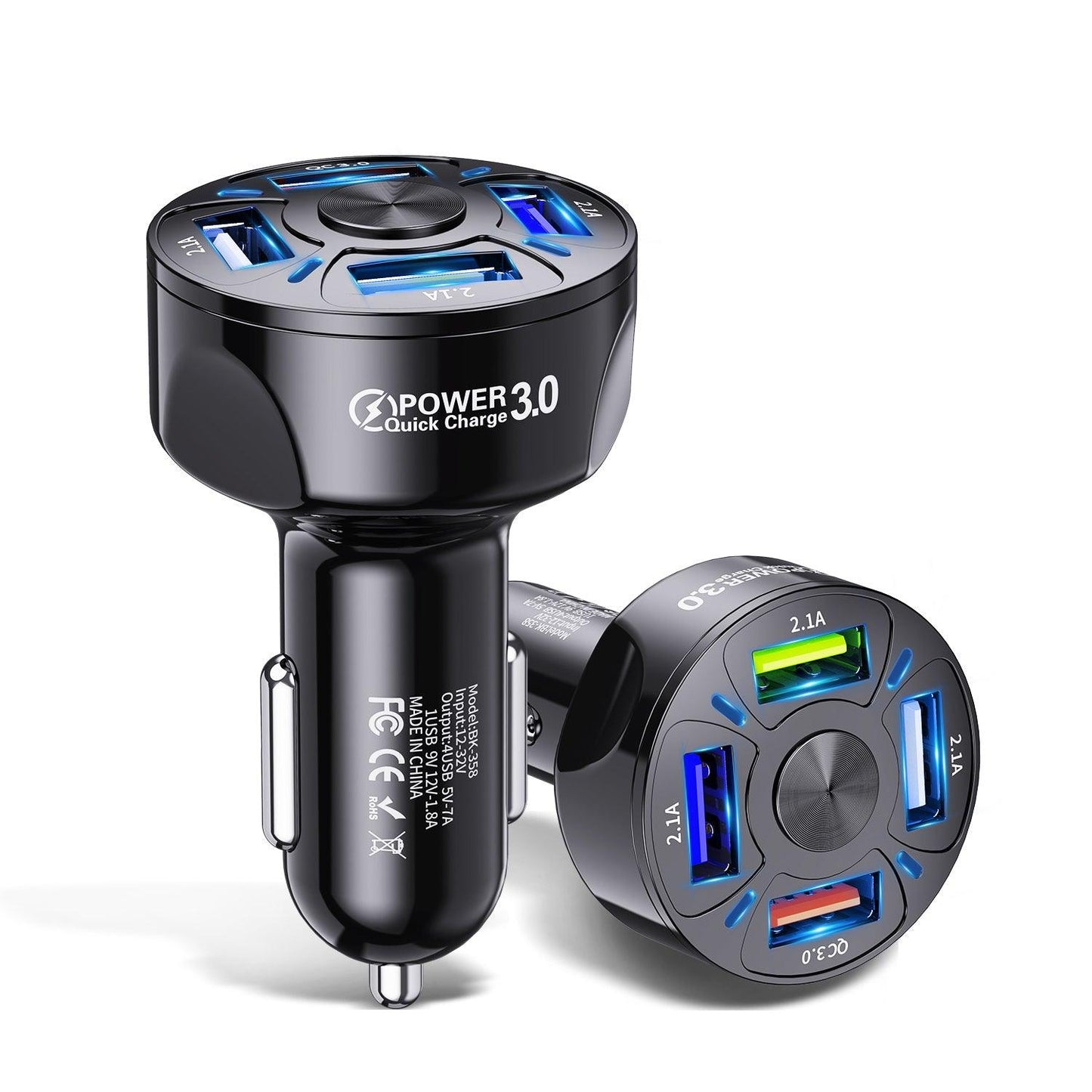 PBG 4 Port LED Car Charger and 10FT Orange Nylon Cable Combo