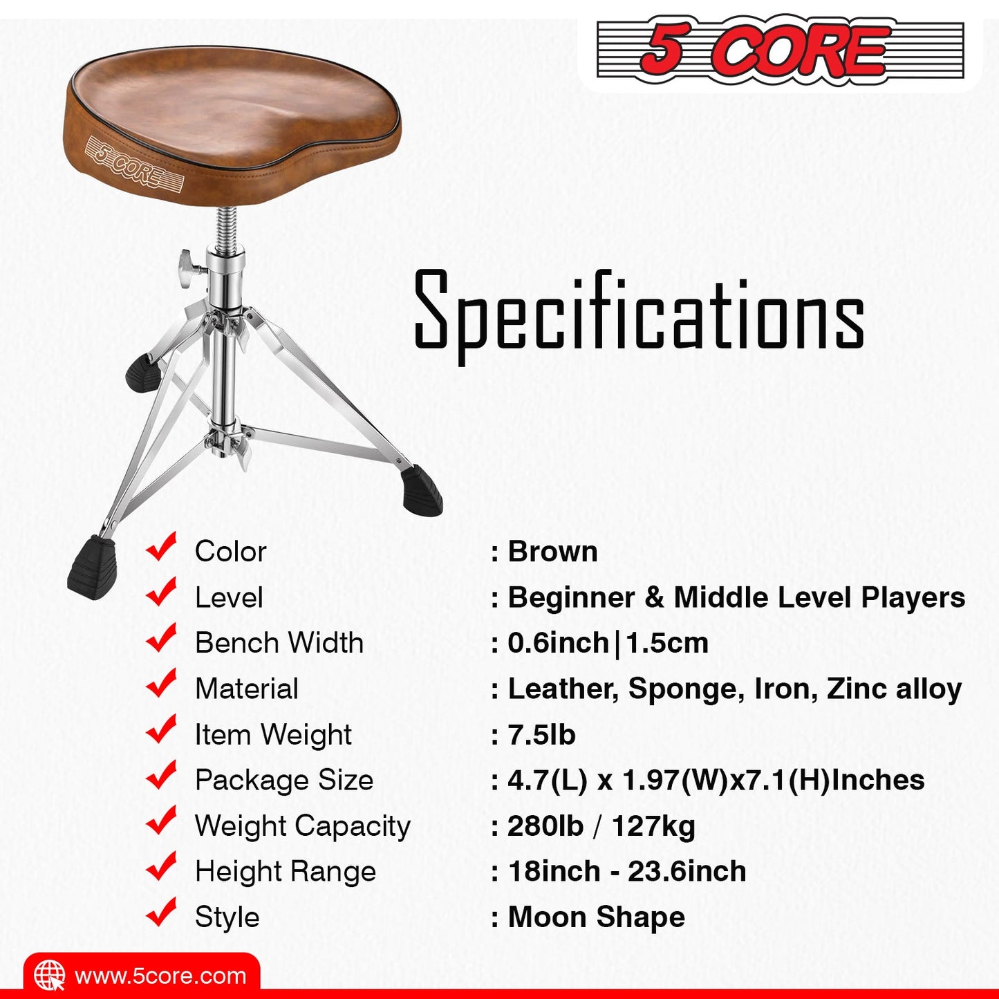 5 Core Saddle Drum Throne Height Adjustable Padded Seat Drum Stool,