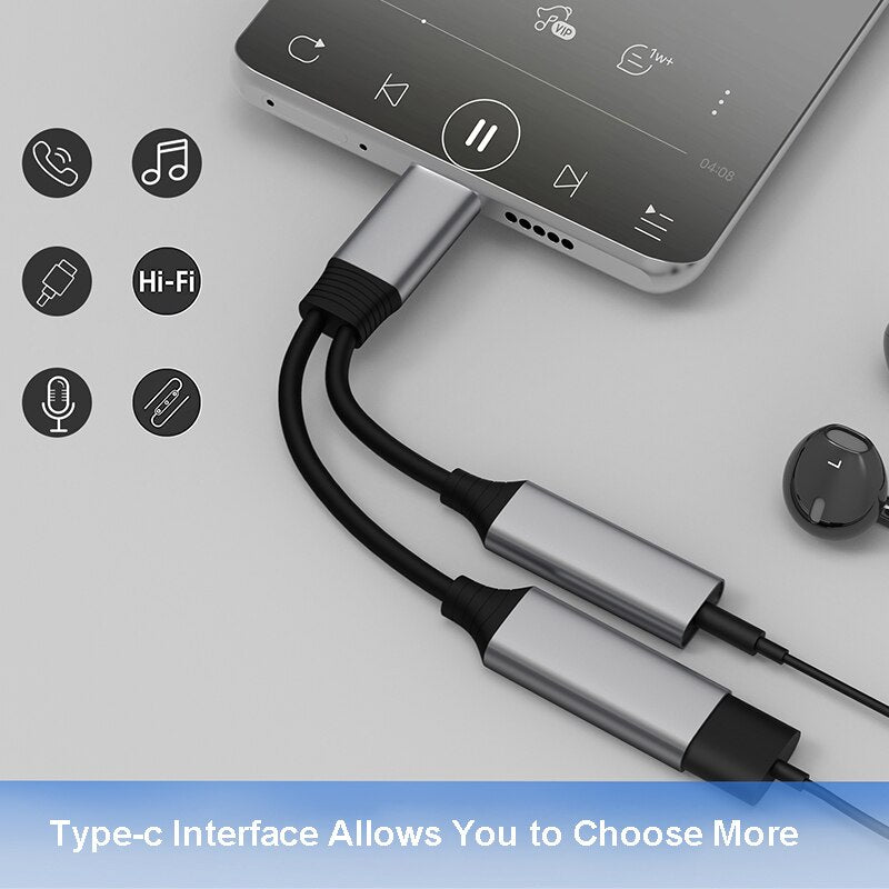 2 in 1 Type C to USB C Type C 10W 60W Fast Charging and 3.5mm Earphone