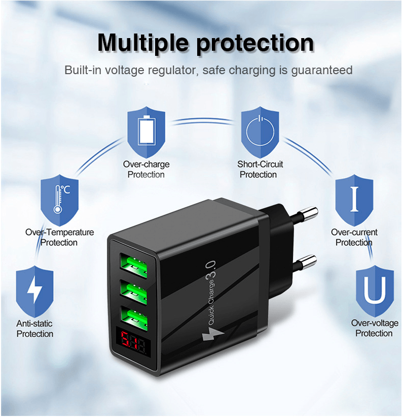 PBG 3 Port Wall Charger with LED Voltage Display Charge 3 Devices at