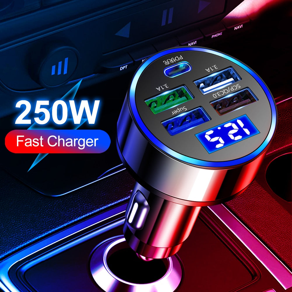250W LED Car Charger 5 Ports Fast Charge PD QC3.0 USB C Car Phone