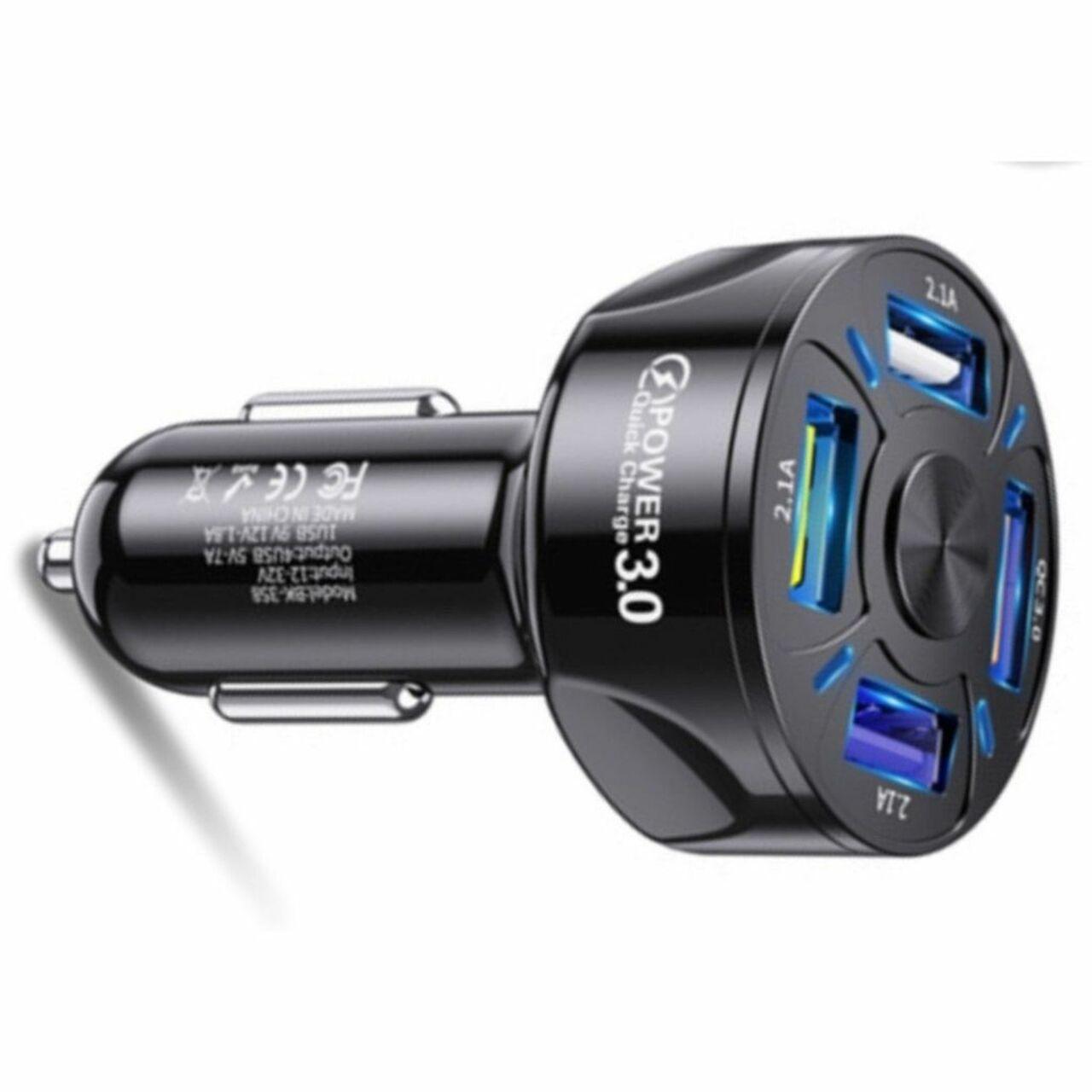 Black 4 Port LED Fast Car Charger and  6FT Charger Compatible for