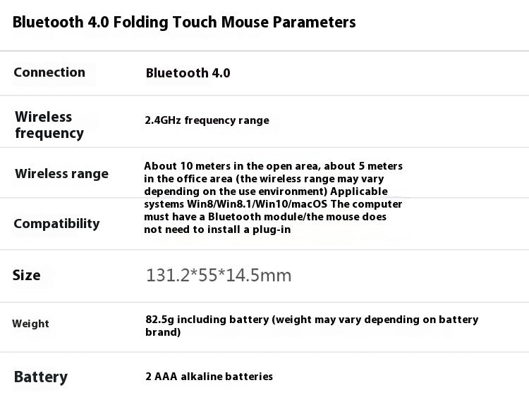 Bluetooth 4.0 Folding Touch Wireless Mouse