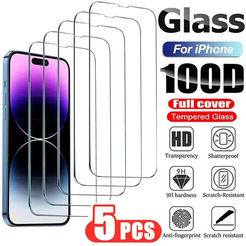 5Pcs Tempered Glass for IPhone 14 13 12 11 Pro Max Screen Protector