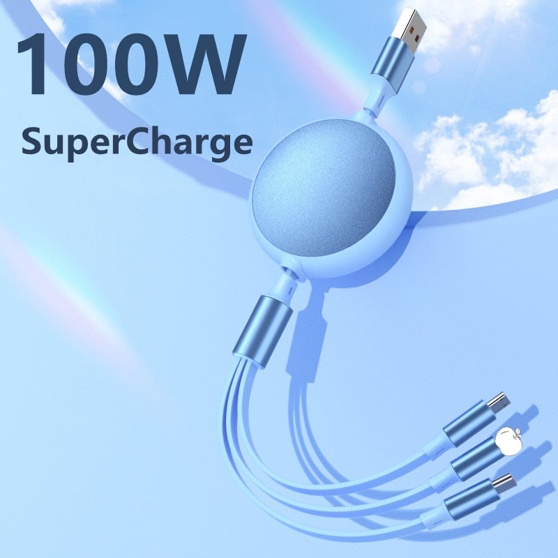 6A 100W 3in1 2in1 Fast USB Cable for Huawei/Honor Retractable Portable