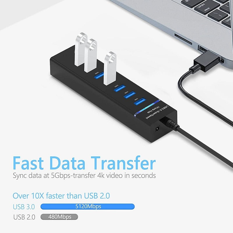 7 Port USB 3.0 Hub USB Splitter with 30/120cm Long Cable Multi USB