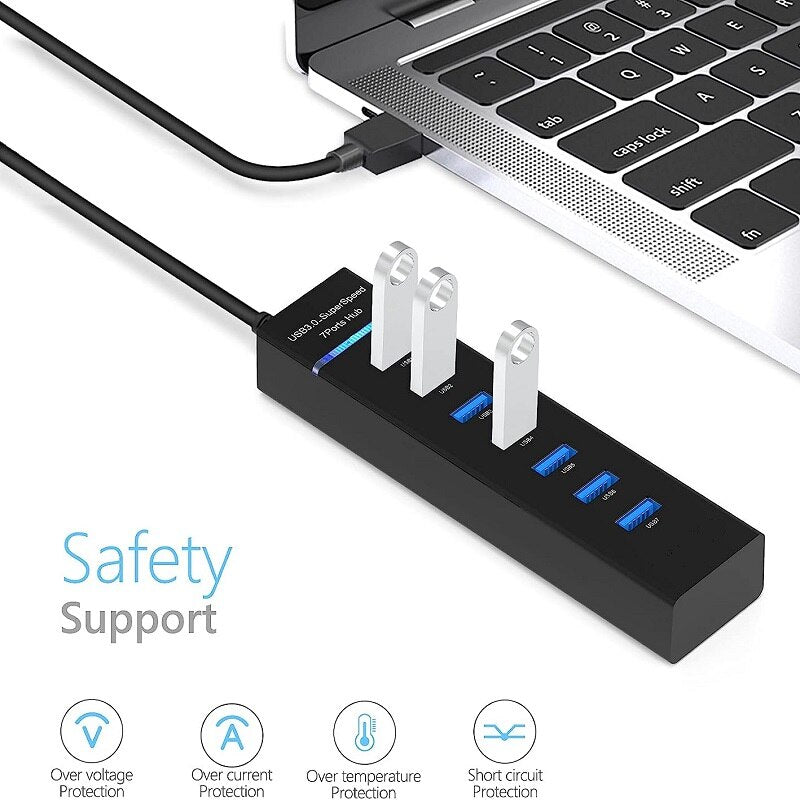 7 Port USB 3.0 Hub USB Splitter with 30/120cm Long Cable Multi USB