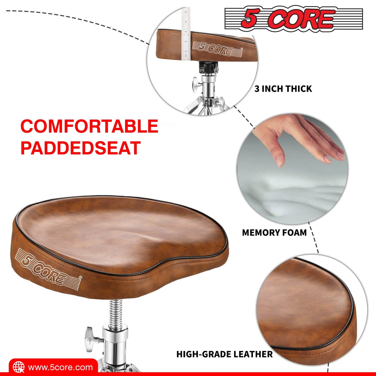 5 Core Saddle Drum Throne Height Adjustable Padded Seat Drum Stool,