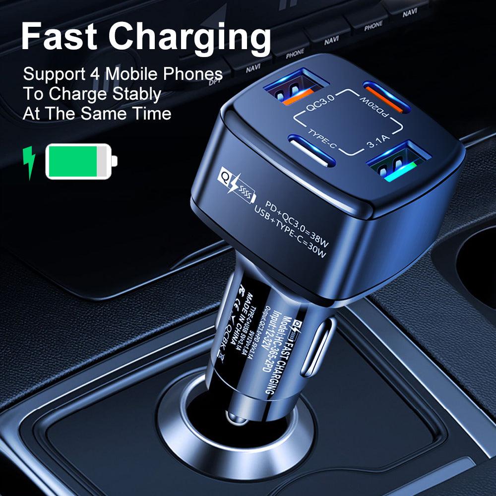 4 Port PD/USB Car Charger and 10FT Charger Compatible for Iphone Gold