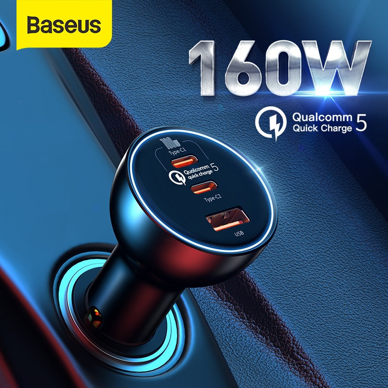 Baseus 160W Car Charger QC 5.0 Fast Charging For iPhone 13 12 Pro
