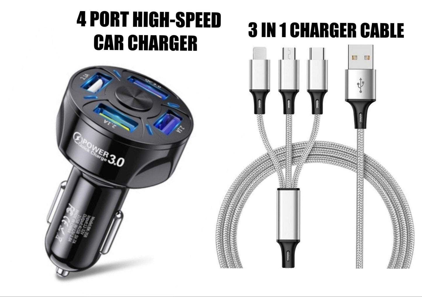 4 Port LED Car Charger + 3 in 1 Cable Combo
