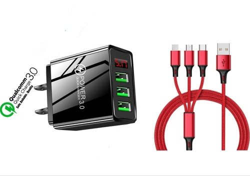 3 port LED Display High Speed Wall Charger Black + 3 in 1 Cable Combo