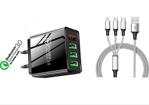 3 port LED Display High Speed Wall Charger Black + 3 in 1 Cable Combo