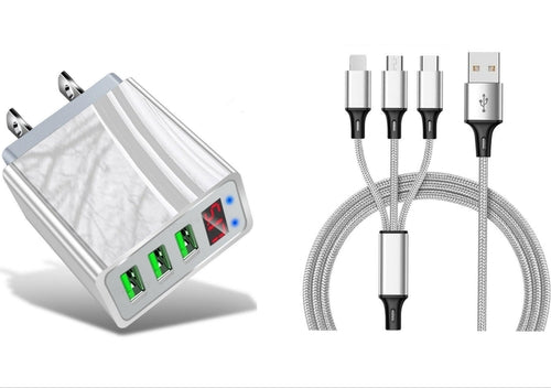 3 port LED Display High Speed Wall Charger White + 3 in 1 Cable Combo
