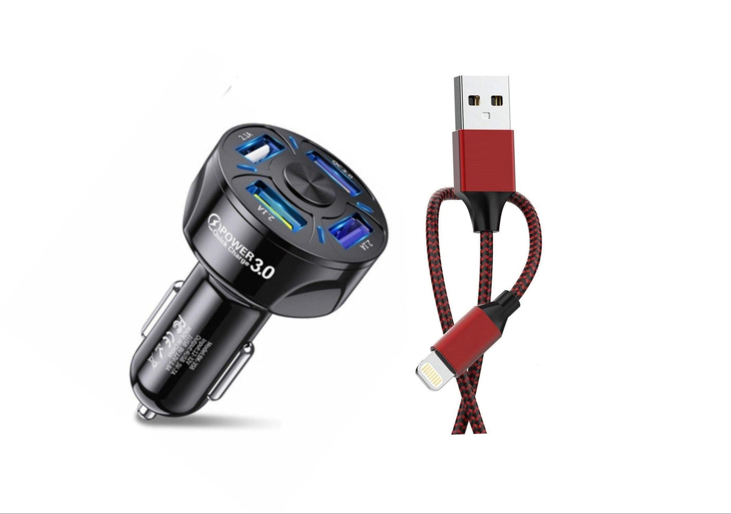 Black 4 Port LED Fast Car Charger and  6FT Charger Compatible for