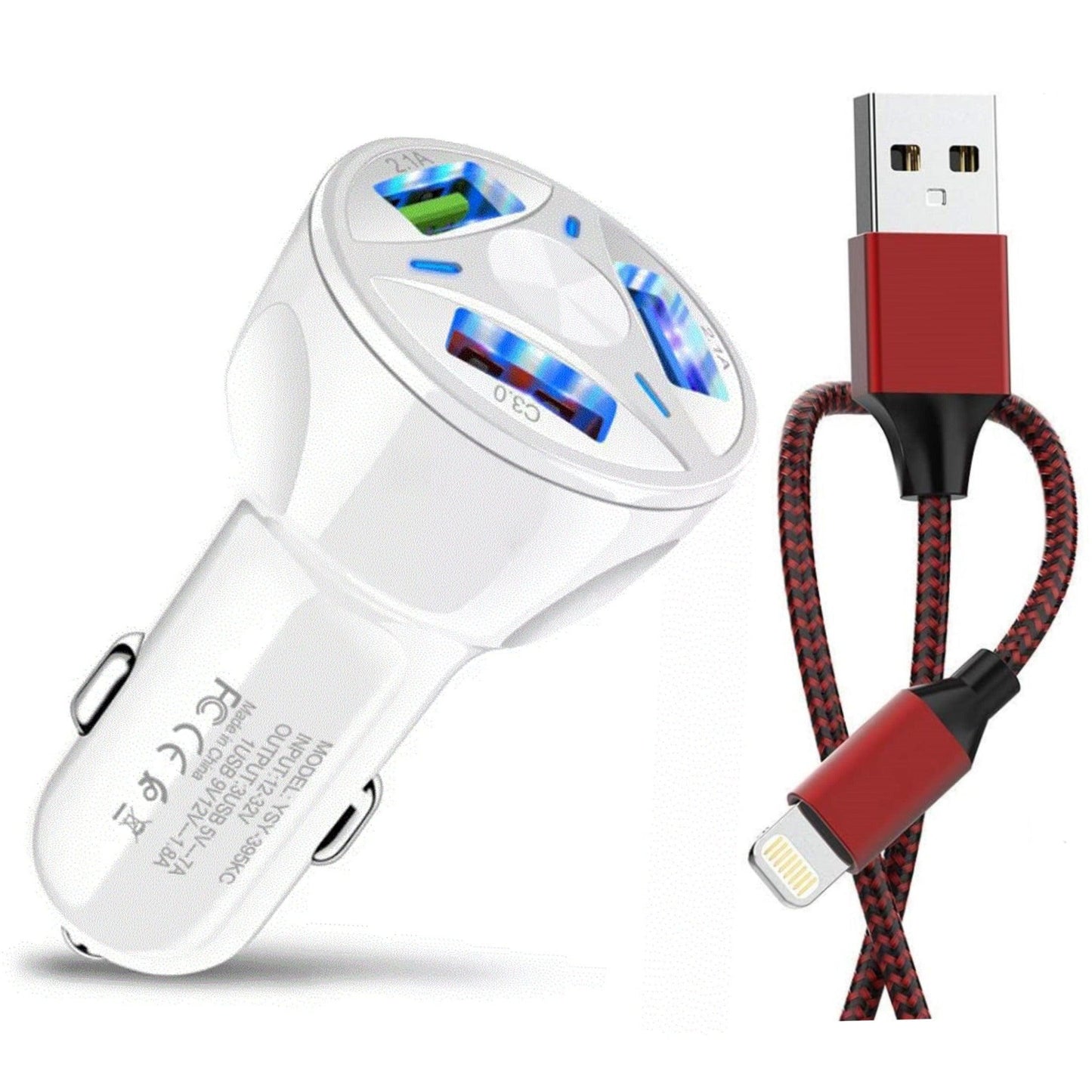 PBG 3 Port White USB Fast LED Car Charger and Charger Compatible for