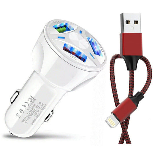 PBG 3 Port White USB Fast LED Car Charger and Charger Compatible for