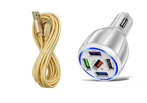 PBG White 5 Port USB Fast Car Charger with LED Display and 10 FT XL