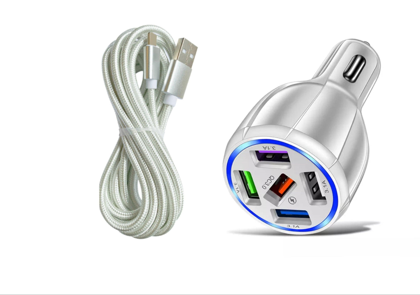 PBG White 5 Port USB Fast Car Charger with LED Display and 10 FT XL