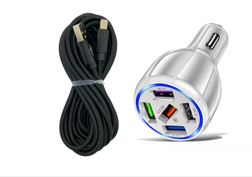 PBG White 5 Port USB Fast Car Charger with LED Display and 10 FT XL