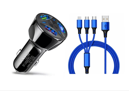 PBG 3 Port Fast LED Car Charger + 3 in 1 Cable Combo