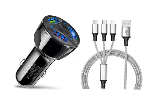 PBG 3 Port Fast LED Car Charger + 3 in 1 Cable Combo