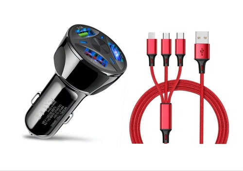 3 Port Fast LED Car Charger + 3 in 1 Cable Combo Red
